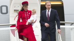 Britain's Prince William and Catherine, Duchess of Cambridge with Prince George arrive for their visit to New Zealand at the International Airport, in Wellington, New Zealand, Monday, April 7.