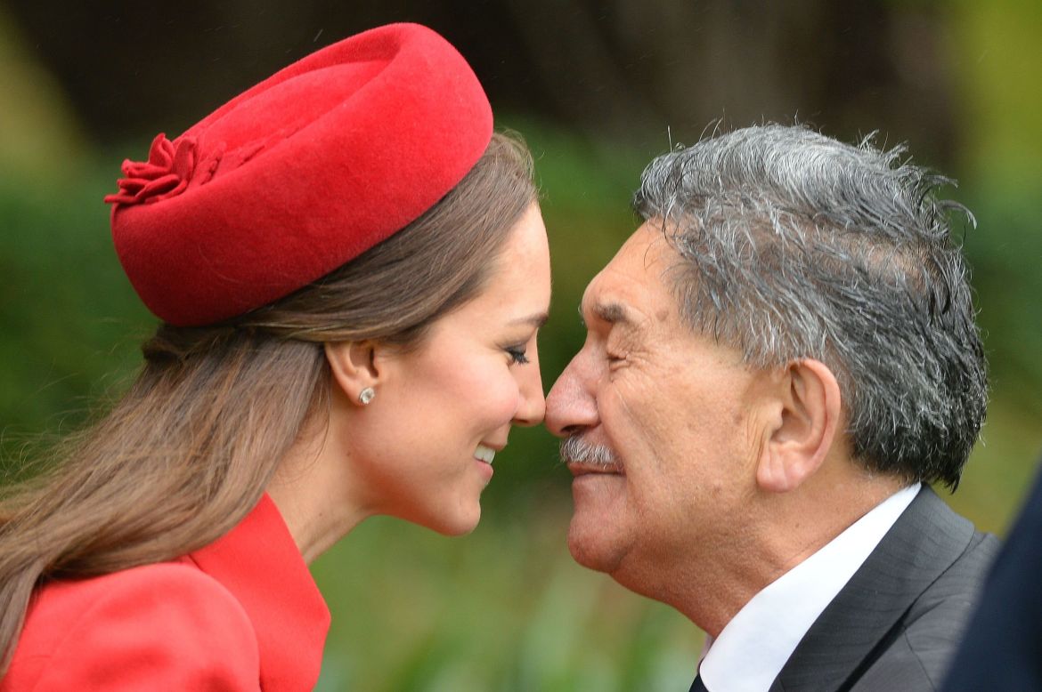 Catherine receives a "hongi," a traditional Maori greeting, by a Maori elder during a welcoming ceremony at Government House in Wellington. 