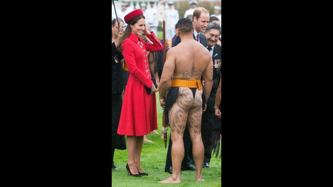 Catherine talks with a Maori warrior during the welcoming ceremony at Government House.