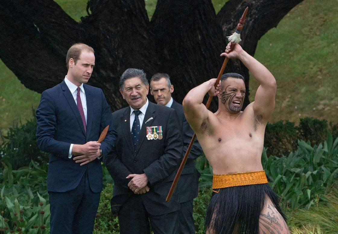 A Maori warrior performs during the welcoming ceremony. 