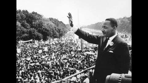 King addresses the crowd at the Lincoln Memorial in Washington, where he delivered his famous "I Have a Dream" speech on August 28, 1963.