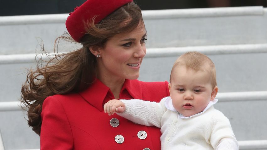 Catherine, Duchess of Cambridge and Prince George of Cambridge arrive in Wellington, New Zealand on April 7.