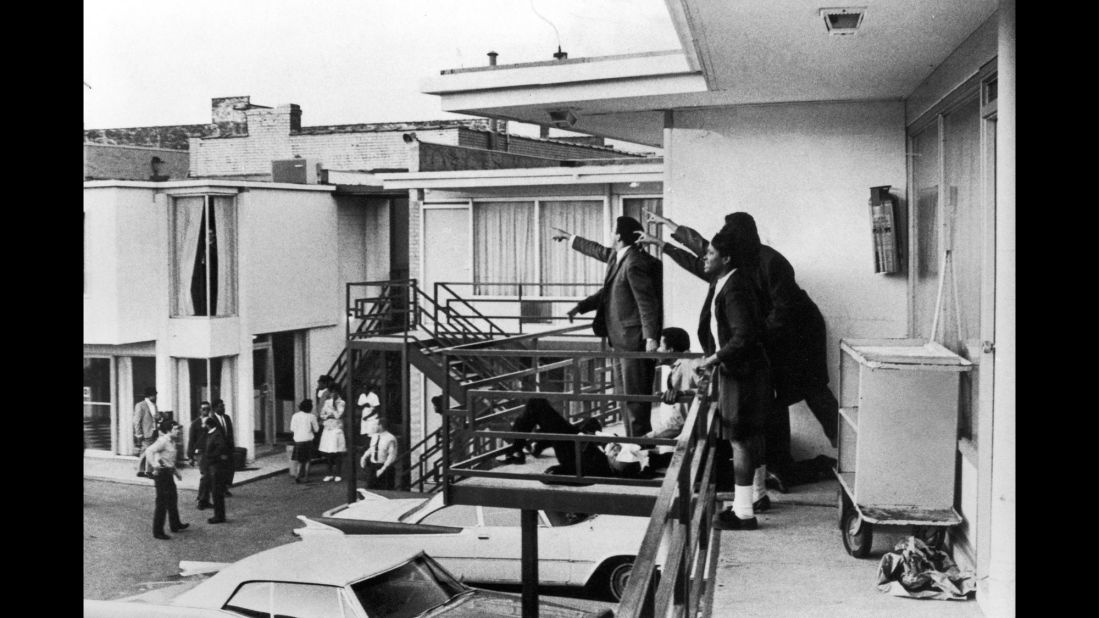 King lies bleeding at the feet of other civil rights leaders after he was shot on the balcony of the Lorraine Motel in Memphis, Tennessee, on April 4, 1968.