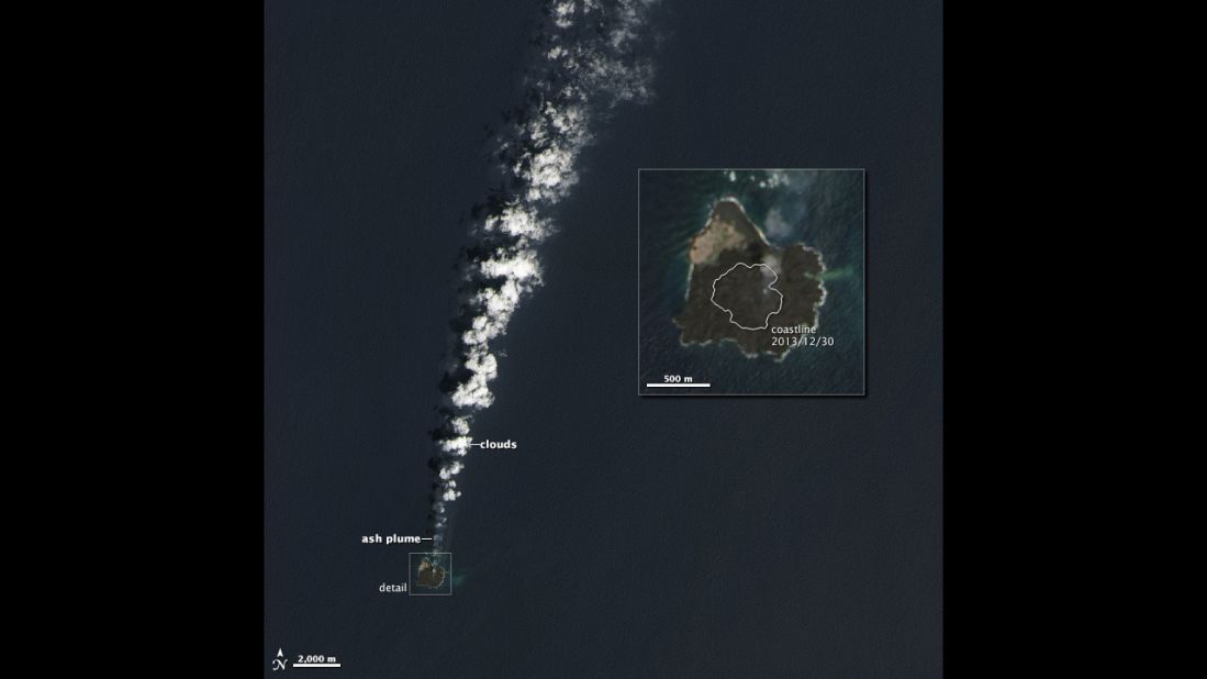On March 30, 2014, the Operational Land Imager on the Landsat 8 satellite captured this image of the combined island. The merged island is now slightly more than six-tenths of a mile across. The growing islet, originally called Niijima, is now considered part of its larger neighbor, Nishinoshima.