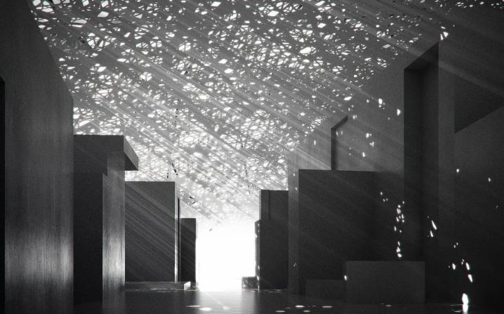 The ceiling of the Louvre Abu Dhabi contains a series of geometric openings so that light can flood into the museum. The pattern is meant to mimic the way light enters a souk. 