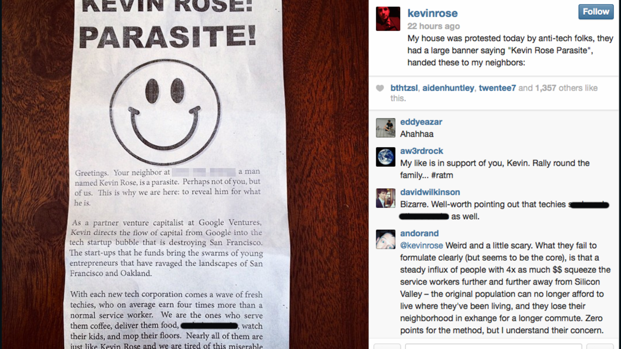 Kevin Rose posted this Instagram picture of a flier protesters distributed outside his home on Sunday.