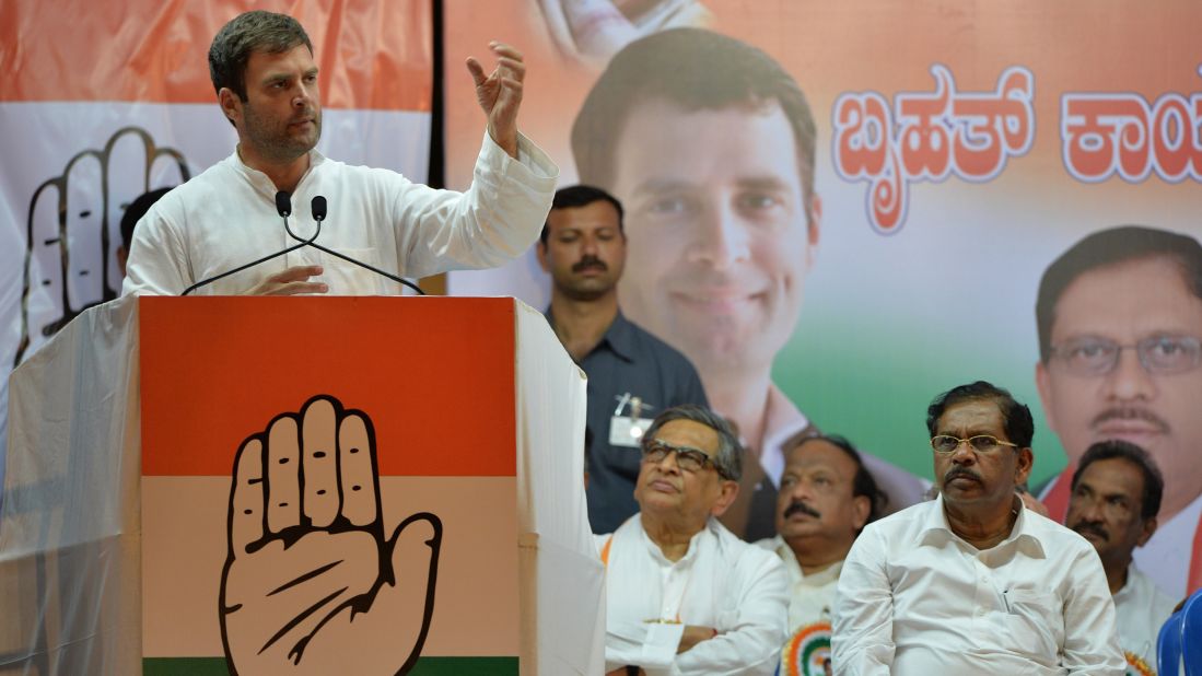 Rahul Gandhi addresses supporters during an election rally in Bangalore, India, on April 7. Gandhi's great-grandfather, grandmother and father have all served as prime minister.