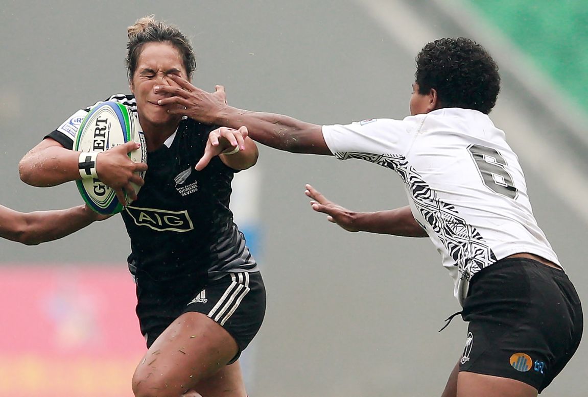 Hurianan Manuel of New Zealand gets poked in the eye Sunday, April 6, during a match against Fiji in the IRB Women's Sevens World Series.