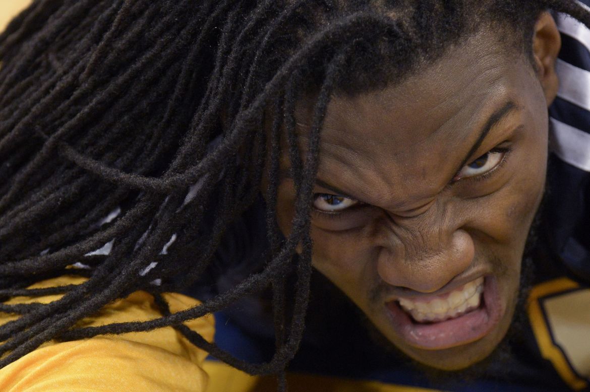 Kenneth Faried of the NBA's Denver Nuggets hams it up for the camera as he stretches prior to a game against the New Orleans Pelicans on Wednesday, April 2.