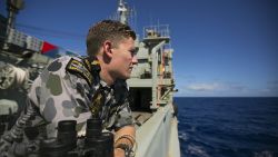 Able Seaman Marine Technician Trent Goodman keeps lookout onboard HMAS SUCCESS whilst the ship is deployed in search of the missing Malaysia Airlines Flight MH370. *** Local Caption *** Joint Task Force 658 has been established by the ADF to coordinate supporting military forces engaged in the search for missing Malaysia Airlines flight MH370. Under the name Operation SOUTHERN INDIAN OCEAN, ADF assets from the Royal Australian Navy and Royal Australian Air Force have joined the search for debris, recovery and investigation of the missing flight.