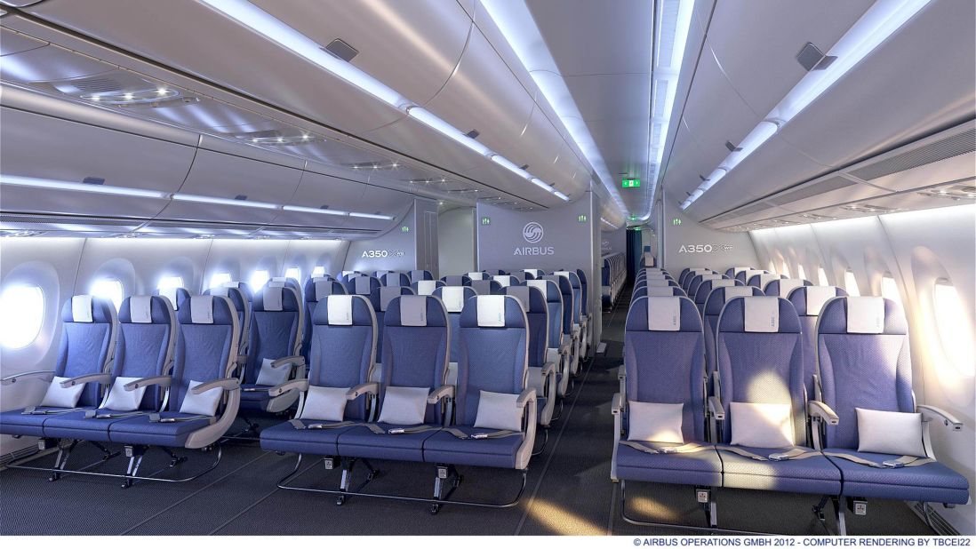 The economy cabin has a nine-abreast configuration with Airbus' 18-inch wide seats. 