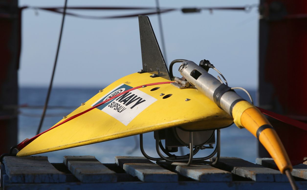 A towed pinger locator is readied to be deployed off the deck of the Australian vessel Ocean Shield on April 7, 2014.