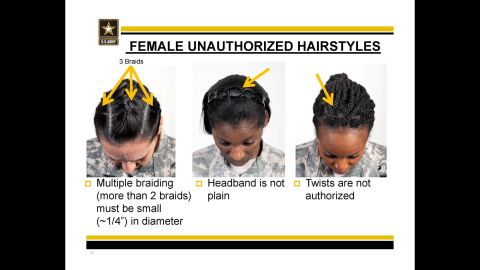 The Army's guidelines include restrictions on braid  and cornrow widths and a ban on twists and dreadlocks. 