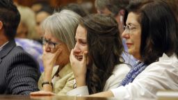 Oscar Pistorius' sister Aimee (2nd R), cries as she hears her brother recounts events on the night he killed Reeva Steenkamp.
