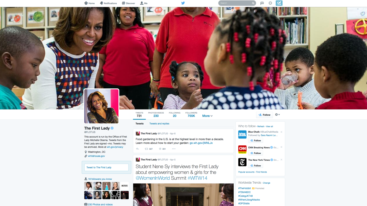 First Lady Michelle Obama was among the first Twitter users to get the new profile page.