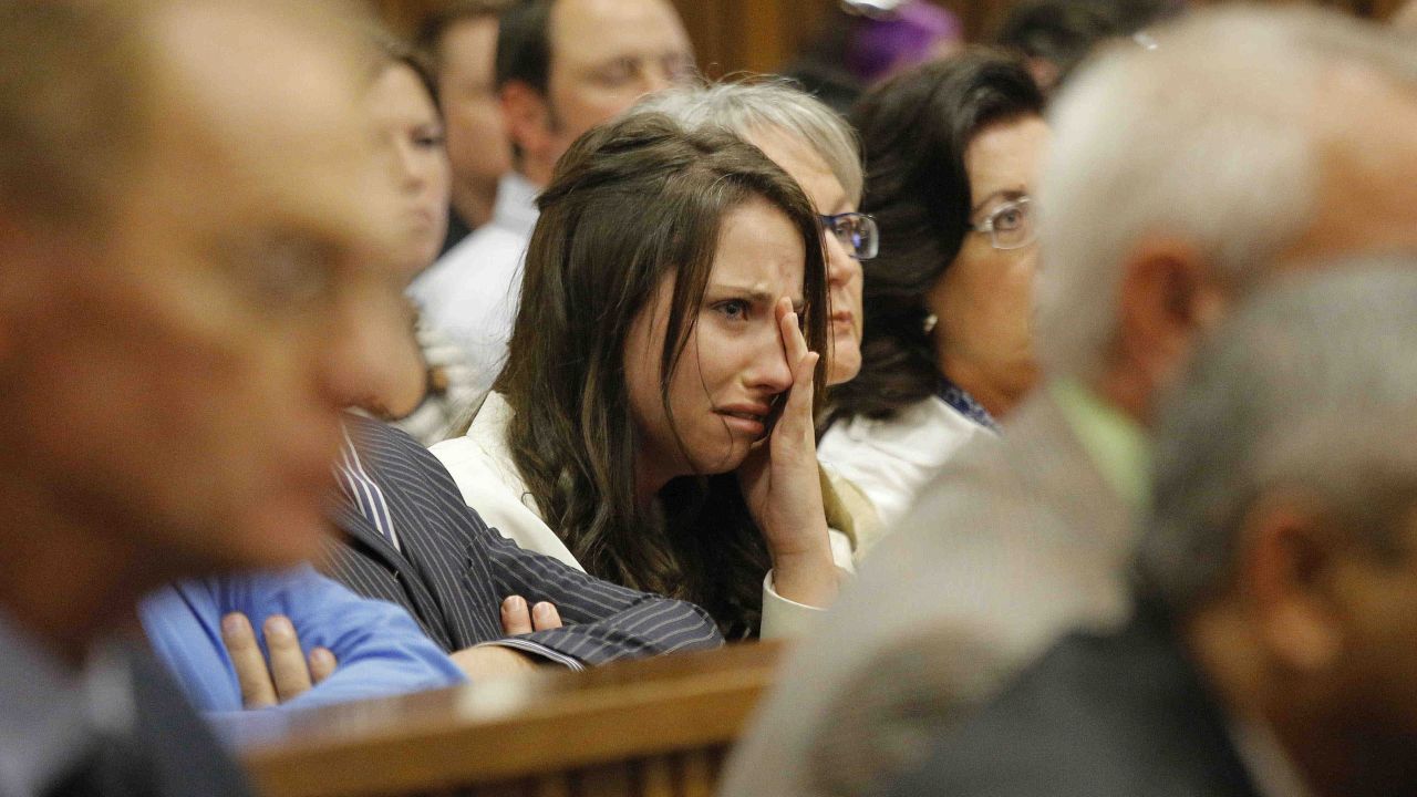 Pistorius' sister, Aimee, cries in court as she listens to her brother's testimony on Tuesday, April 8.