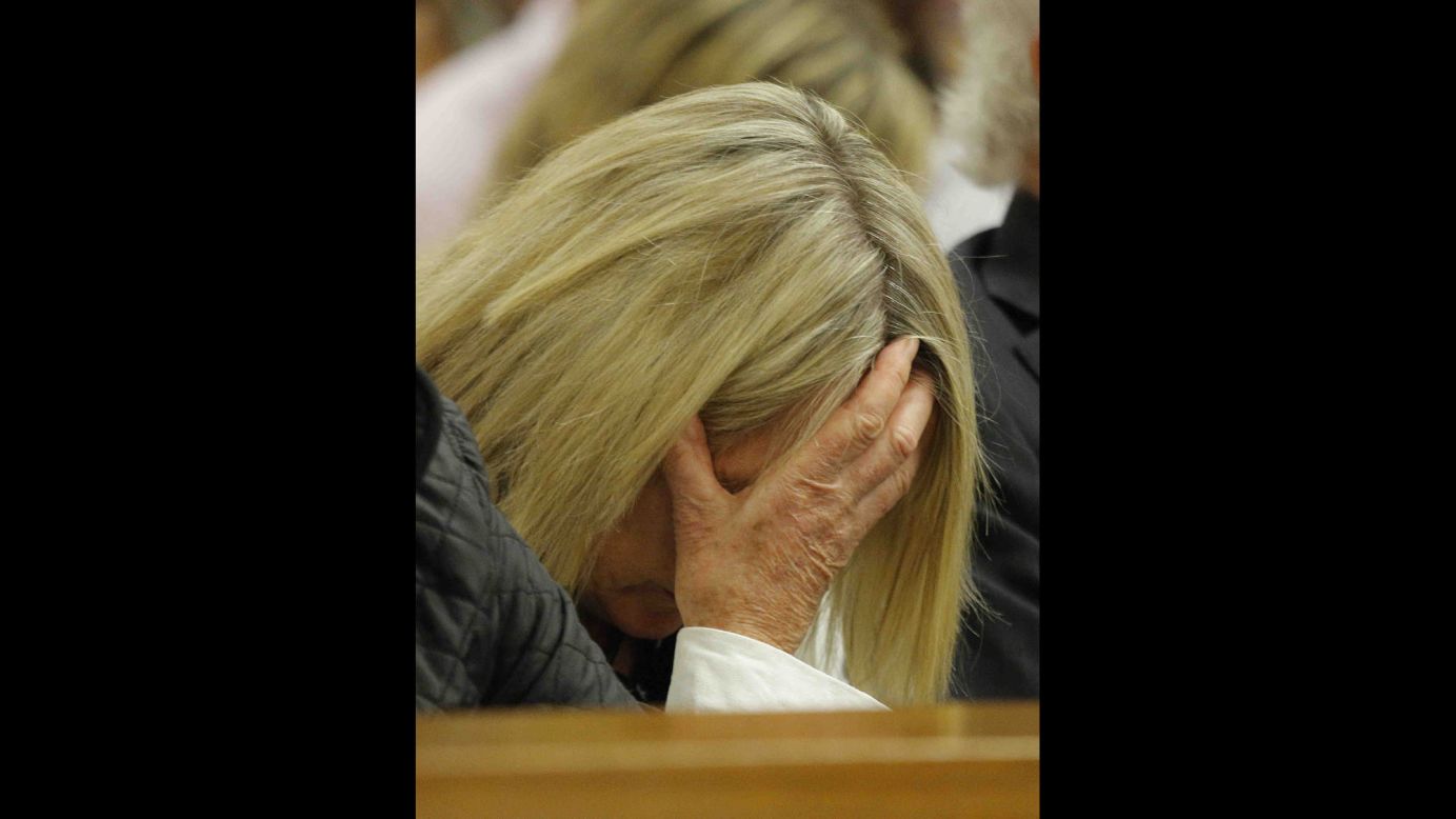 June Steenkamp, Reeva Steenkamp's mother, reacts as she listens to Pistorius' testimony on April 8.