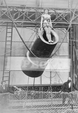 Many believe 14-year-old acrobat, Rosa Maria Richter, billed as "Zazel," was  the world's first female human cannonball, pictured here at the start of her act at the Royal Aquarium in London in 1877. 
