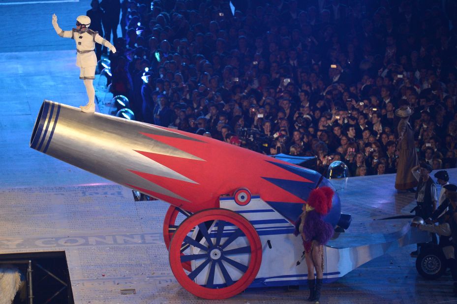 Chachi flew 55 meters at the 2012 London Olympics closing ceremony, in front of a crowd of 80,000 people, pictured here.