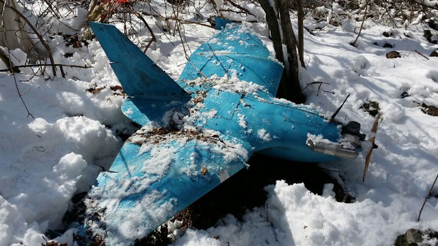 The wreckage of a crashed unmanned aerial vehicle on a mountain in Samcheok, South Korea on April 6, 2014.
