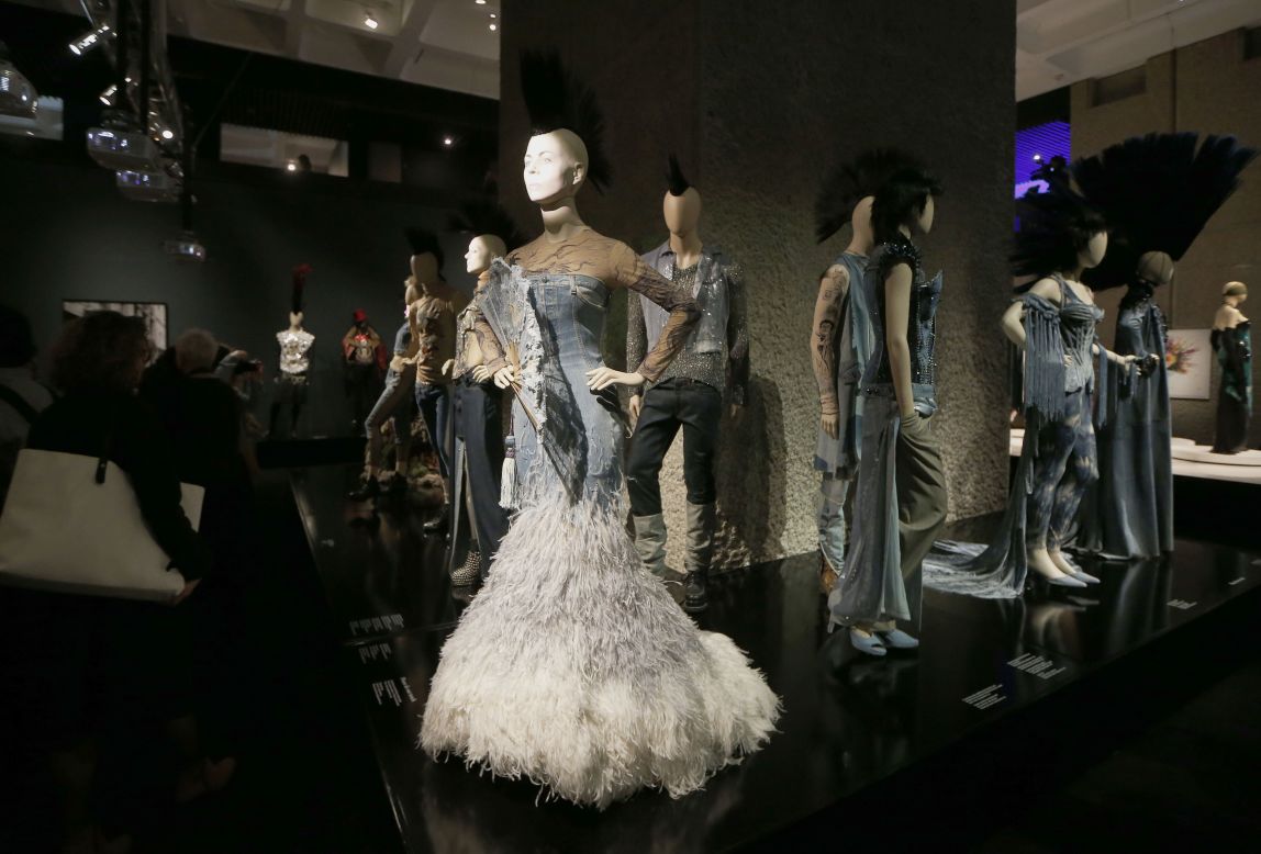 Some of the creations on display at Jean Paul Gaultier's exhibition at the Barbican Art Gallery, in London.