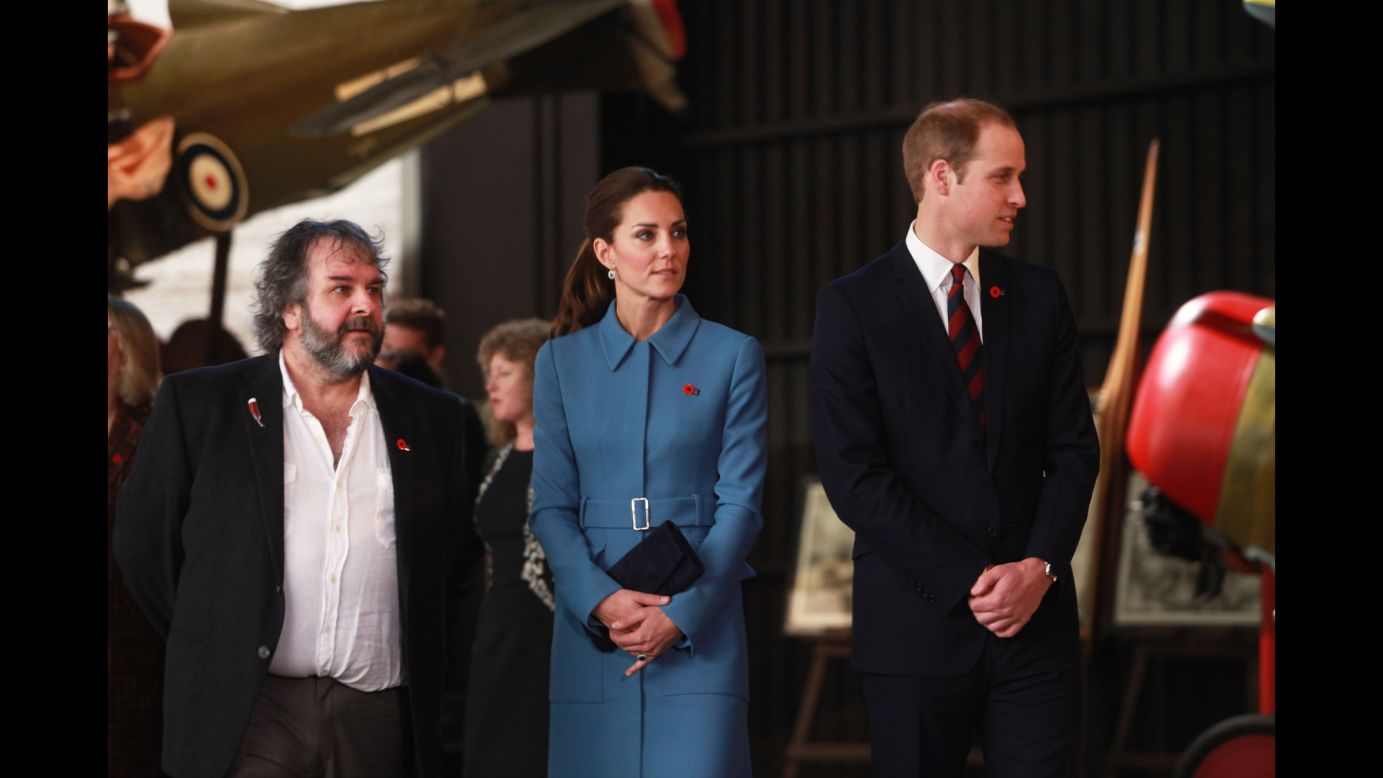 Film director Peter Jackson joins the royal couple as they tour the Omaka Aviation Heritage Centre in Blenheim on April 10.