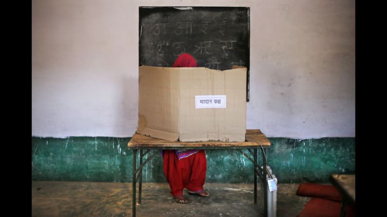 A woman casts her vote in Muzaffarnagar, India, on April 10.