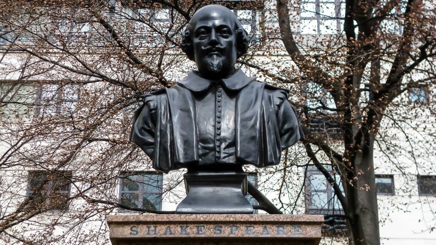 The Shakespeare statue in front of the remains of St. Mary Aldermanbury parish in the City of London.