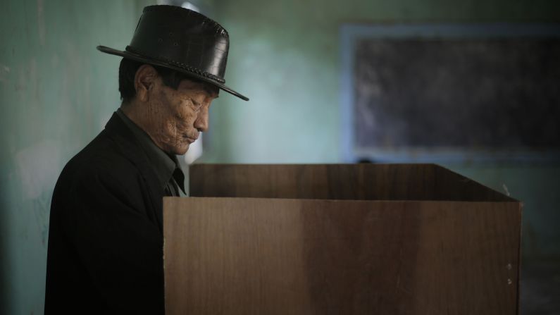 An elderly man casts his vote in Manipur, India, on April 9.