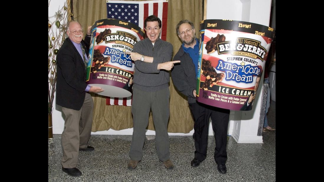 Very quickly, Colbert's influence rose so high that he got his own Ben & Jerry's ice cream flavor: AmeriCone Dream. Here he poses with Ben Cohen, left, and Jerry Greenfield at the flavor's launch party.