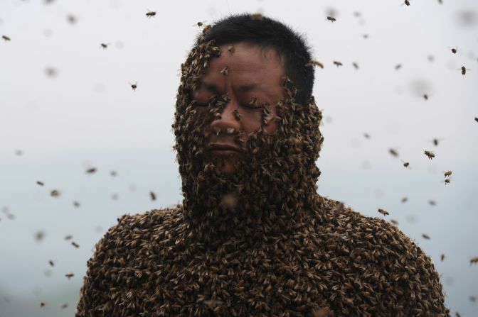 Beekeeper She Ping tries to cover his body with bees Wednesday, April 9, in Chongqing, China.