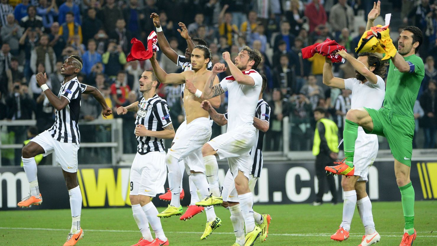 Juventus players celebrate after reaching the semifinals in the Europa League. 