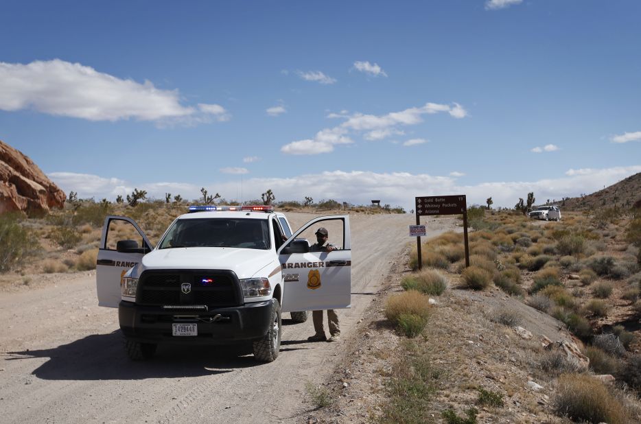 Federal rangers block a road near Bunkerville, about 80 miles northeast of Las Vegas, on April 1.