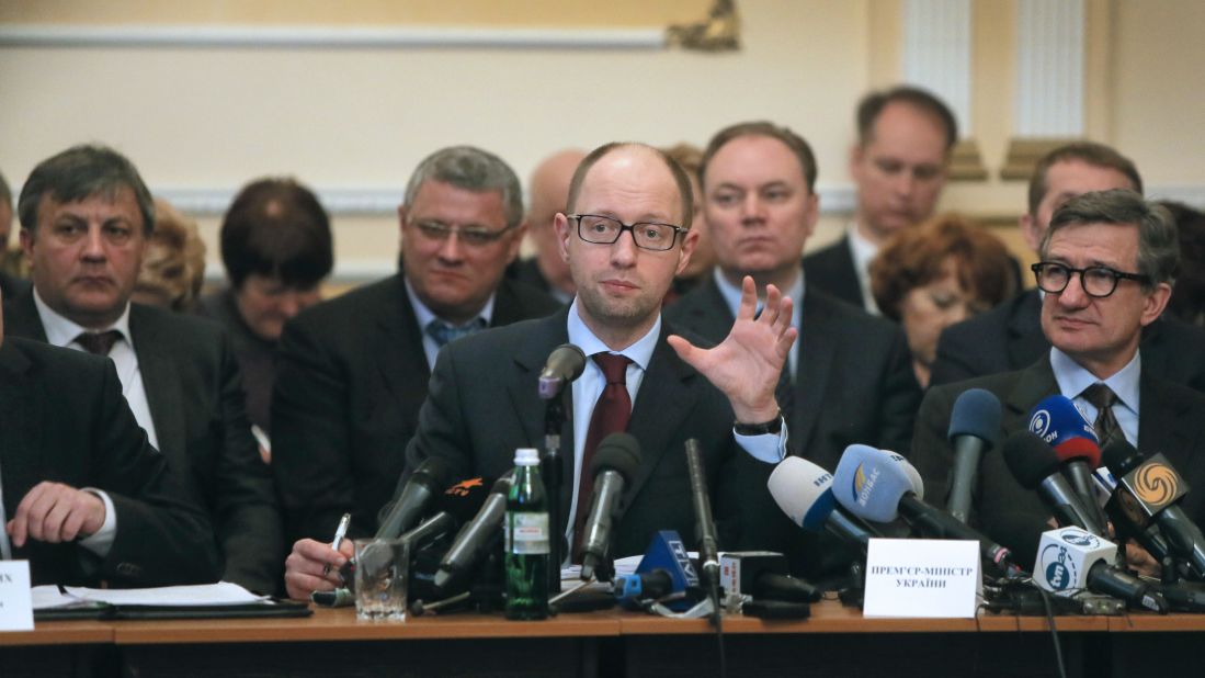 Ukrainian Prime Minister Arseniy Yatsenyuk speaks April 11 during his meeting with regional leaders in Donetsk. Yatsenyuk flew into Donetsk, where pro-Russian separatists occupied the regional administration building and called for a referendum.