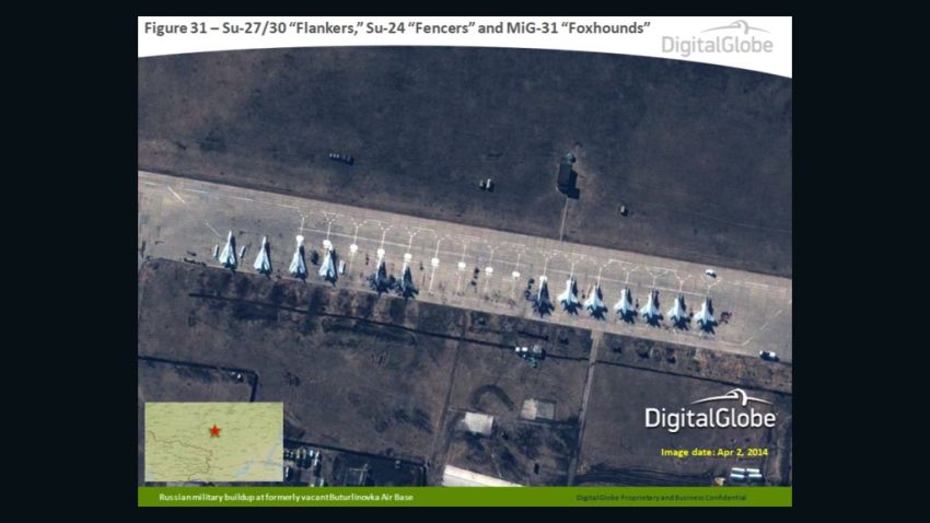 A satellite photo from DigitalGlobe, taken on April 2, purportedly shows a buildup of Russian military planes at the formerly vacant Buturlinovka air base in southwest Russia.