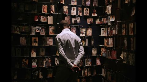 Family photos of victims of the 1994 Rwanda genocide hang inside the Kigali Genocide Memorial Centre in the country's capital of Kigali on April 5.