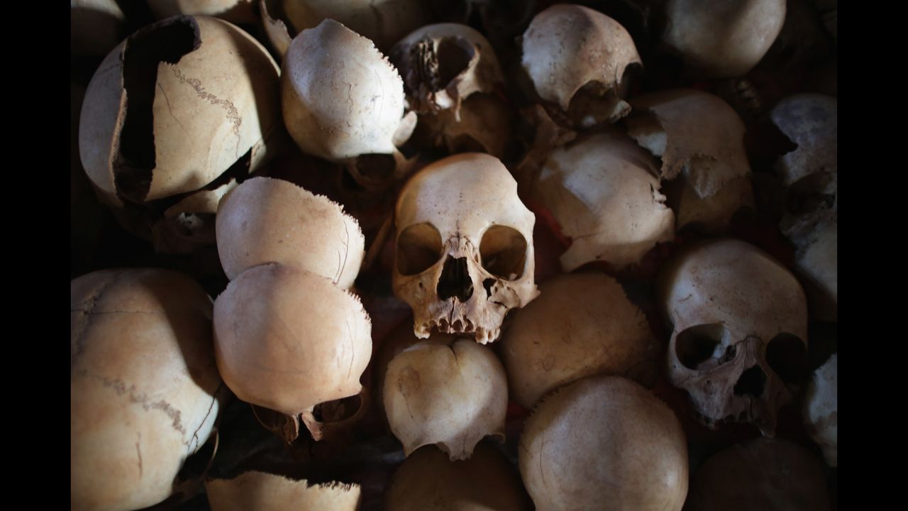 Skulls of victims from the genocide are displayed inside the Ntarama Catholic Church memorial on April 4 in Ntarama.