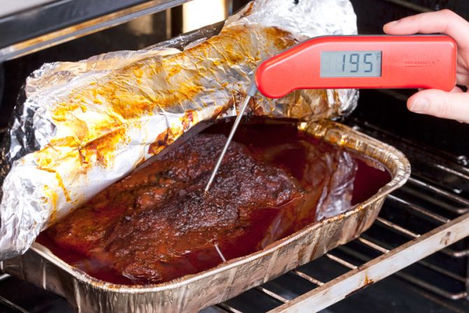 LET COOL IN OVEN: When the meat reaches 195 degrees, turn off the oven. Let the brisket rest in the cooling oven for an hour.<br />WHY? As the meat gently cools, it can reabsorb some of the flavorful juices it expelled.