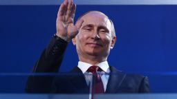Russia President Vladimir Putin waves during the Sochi 2014 Paralympic Winter Games Closing Ceremony at Fisht Olympic Stadium on March 16, 2014 in Sochi, Russia