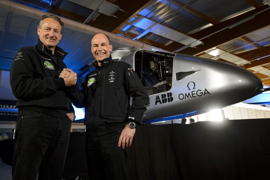 The plane is the brainchild of Swiss pilots Piccard, right, and Borschberg.