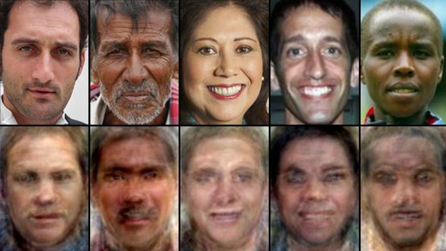 Top row: Images of faces. Bottom row: Reconstructed images based on brain activity, as shown by Alan Cowen and colleagues.