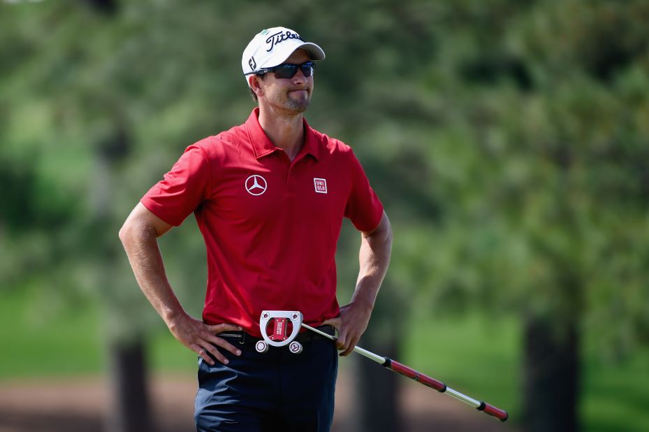 Defending champion Adam Scott dropped three shots early on in the second round before mounting a sustained recovery on the back nine with birdies at the 12th, 13th and 15th holes. 