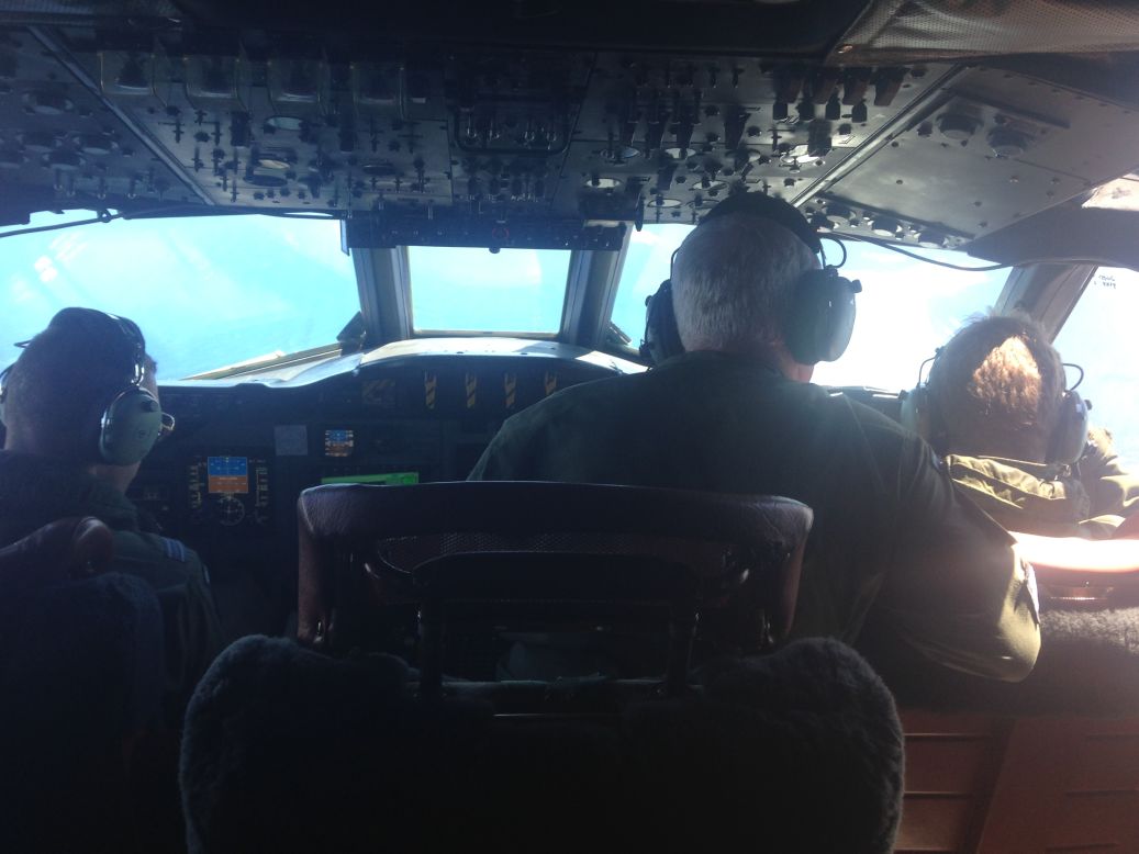 On the flight deck of the Royal New Zealand Air Force P-3 Orion. This flight is searching a 50 by 50 square mile zone, more than 1,000 miles (1609 kilometers) from the west coast of Australia.