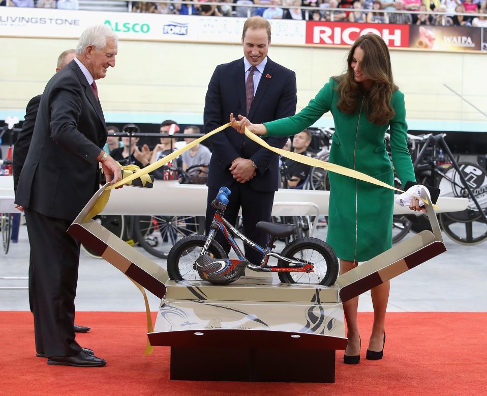 The Duke and Duchess are presented with an Avanti mini bike for Prince George during a visit to the Avanti Drome in Hamilton, New Zealand, on Saturday, April 12.