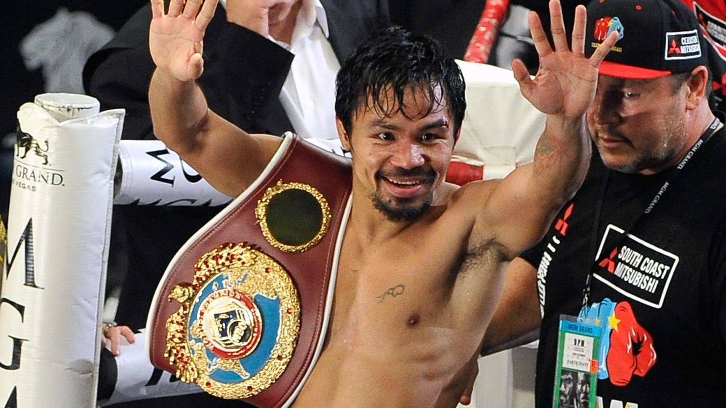 Manny Pacquiao celebrates his points victory over Timothy Bradley in Las Vegas in their world title bout.