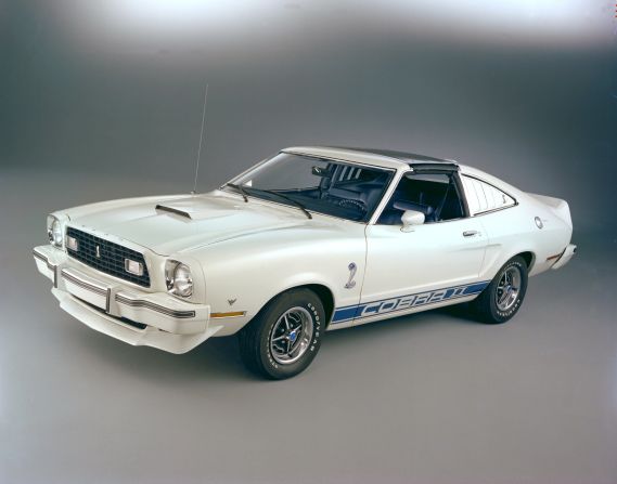 <strong>1976 Ford Mustang II Cobra II. </strong>The Cobra II, meant to recall the famed Shelby Mustangs, came with a nonfunctional hood scoop, a racing stripe sand front and rear spoilers. It was available in white with blue stripes, blue with white stripes, and black with gold stripes. 