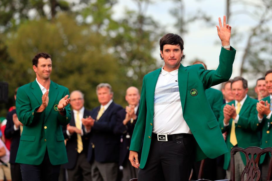 Bubba Watson dons the famous green jacket for the second time after a three-shot triumph at Augusta National Golf Club in Georgia on Sunday, April 13.