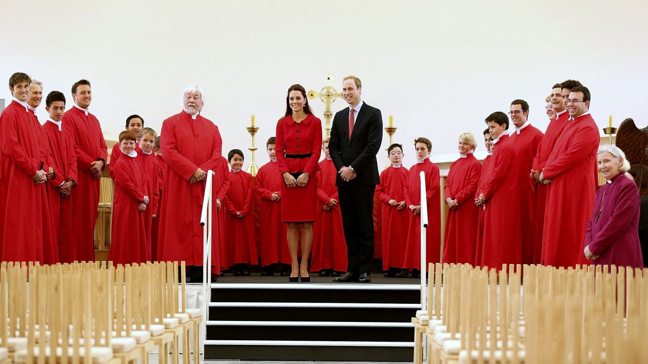 William and Catherine pose with members of the Christchurch Cathedral choir during their visit to the Transitional Cathedral on April 14.