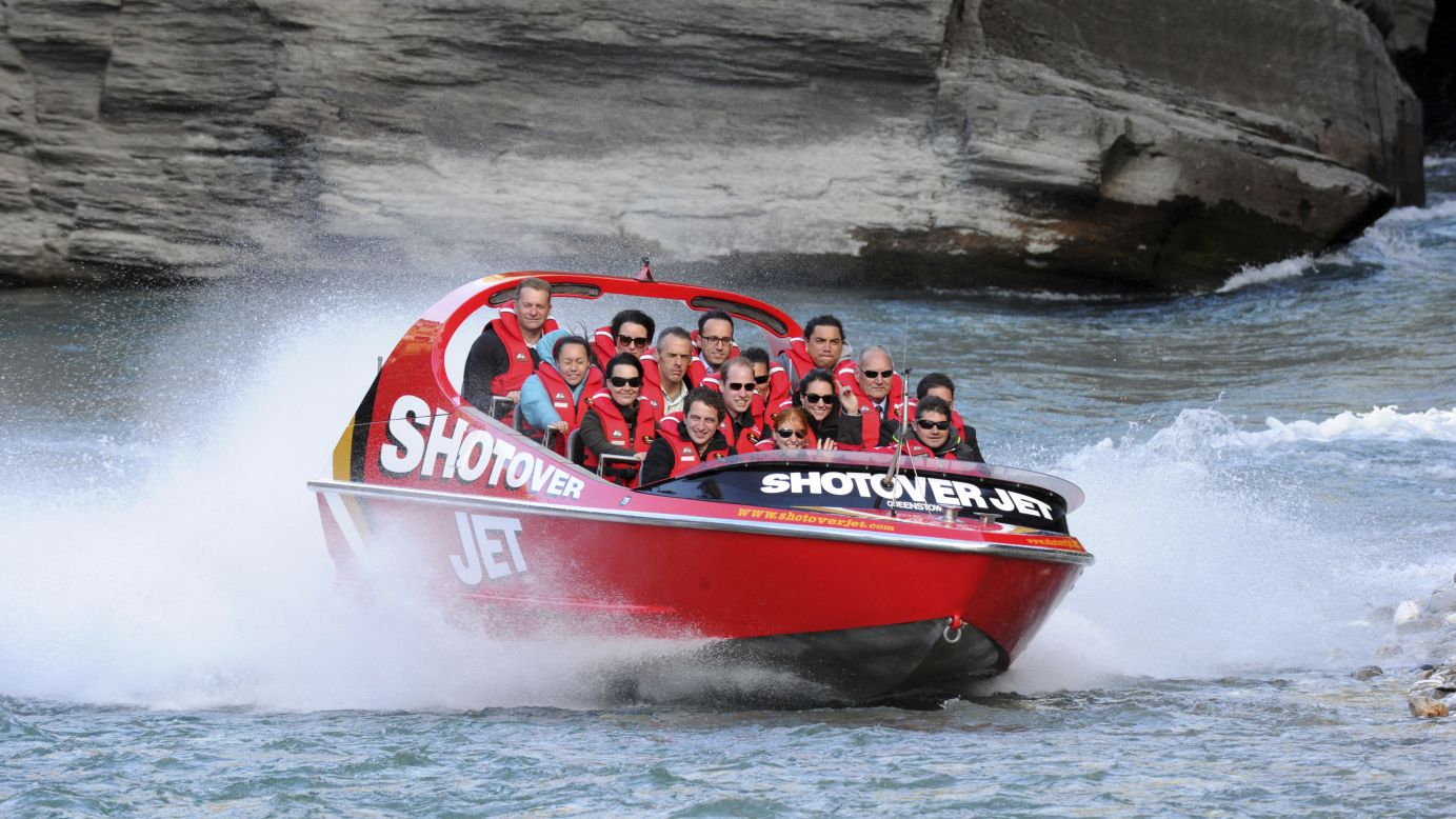 The duke and duchess ride on a jet boat along the Shotover River in Queenstown, New Zealand, on Sunday, April 13.