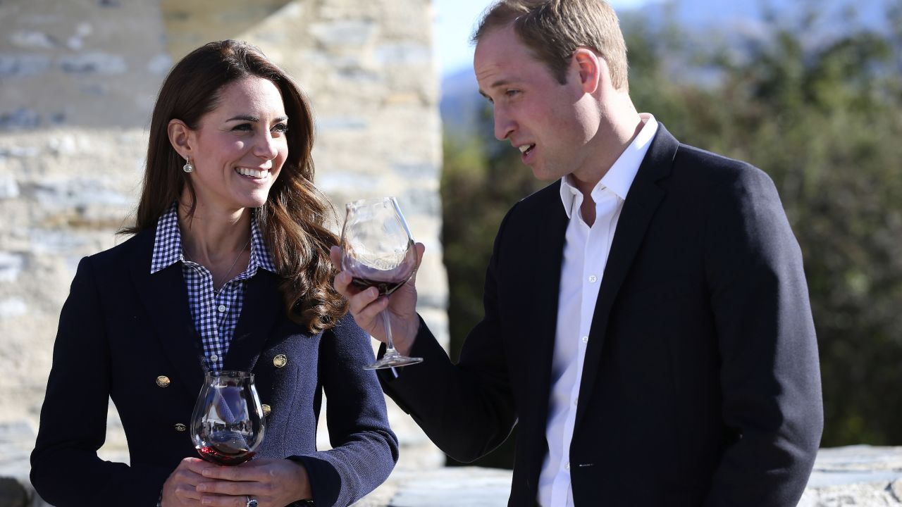 The royal couple samples wine during a visit to Amisfield Winery in Queenstown on April 13.